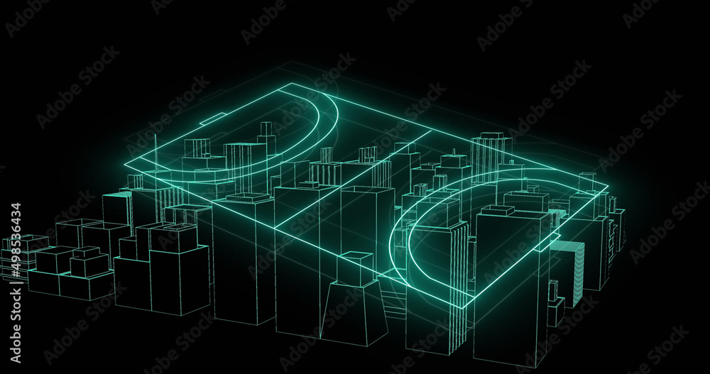 绿色霓虹运动场和城市景观旋转的图像
