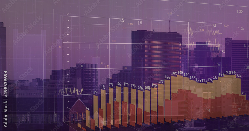 Image of financial data processing over cityscape