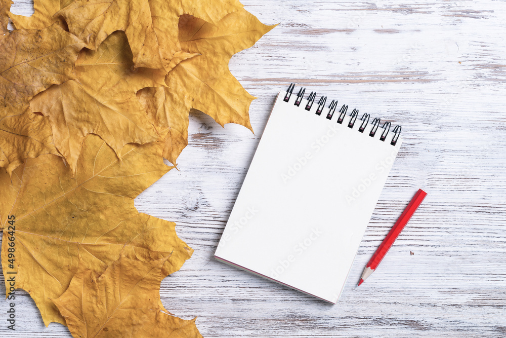 Spiral notepad and pen lies on vintage wooden desk