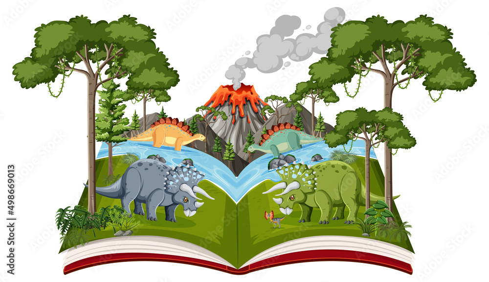 Book with scene of triceratops by the river