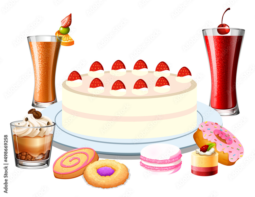 Delicious desserts and drinks cartoon set