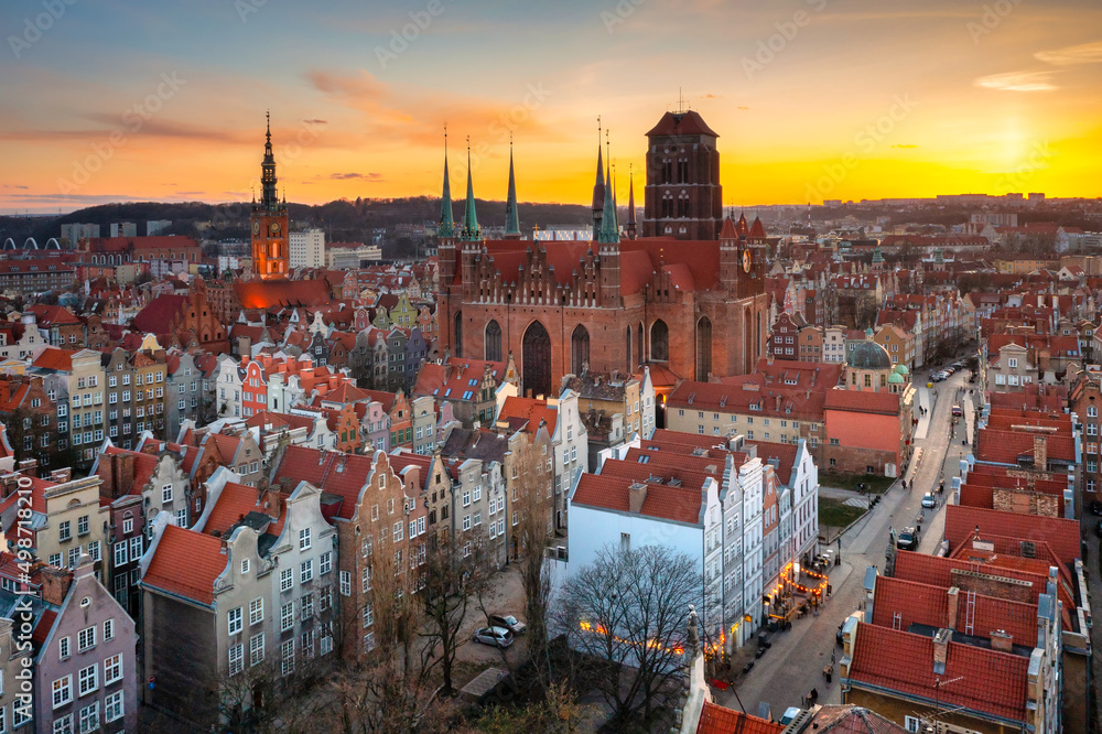 Aerial view of the beautiful Gdansk city at sunset, Poland