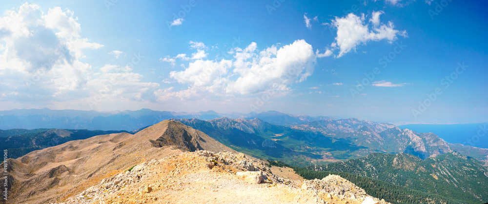 Beautiful natural panorama landscape - view from top of Tahtali mountain with beautiful blue sky wit