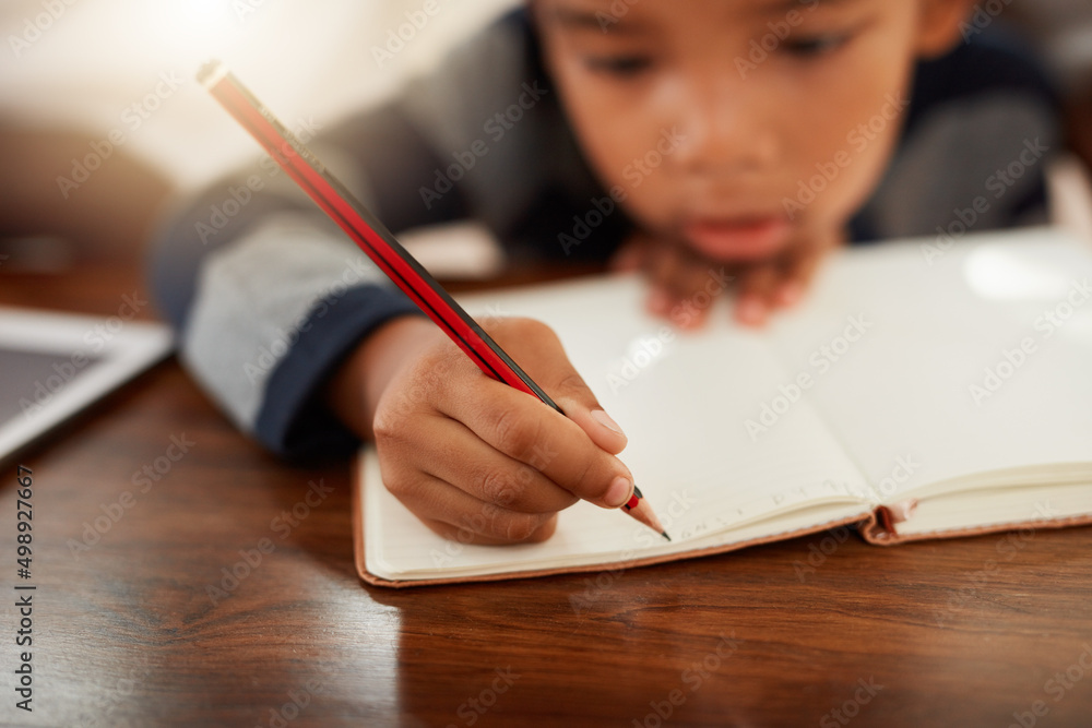 Time for homework. Cropped shot of a young boy doing his homework.