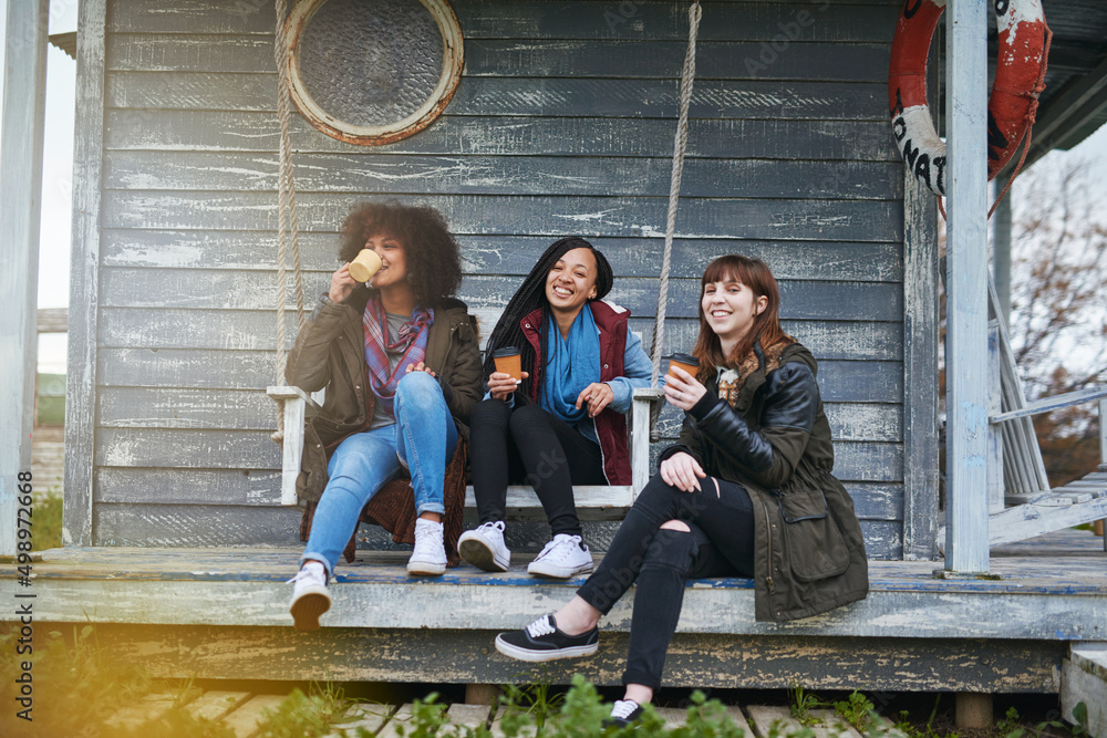 The best of friends make the best of times. Shot of a group of friends sitting on the porch of a fis