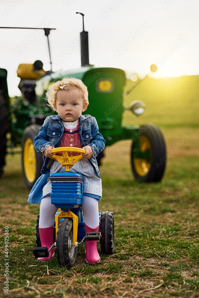 Farming is not for the faint hearted. Portrait of an adorable little girl riding a toy truck on a fa