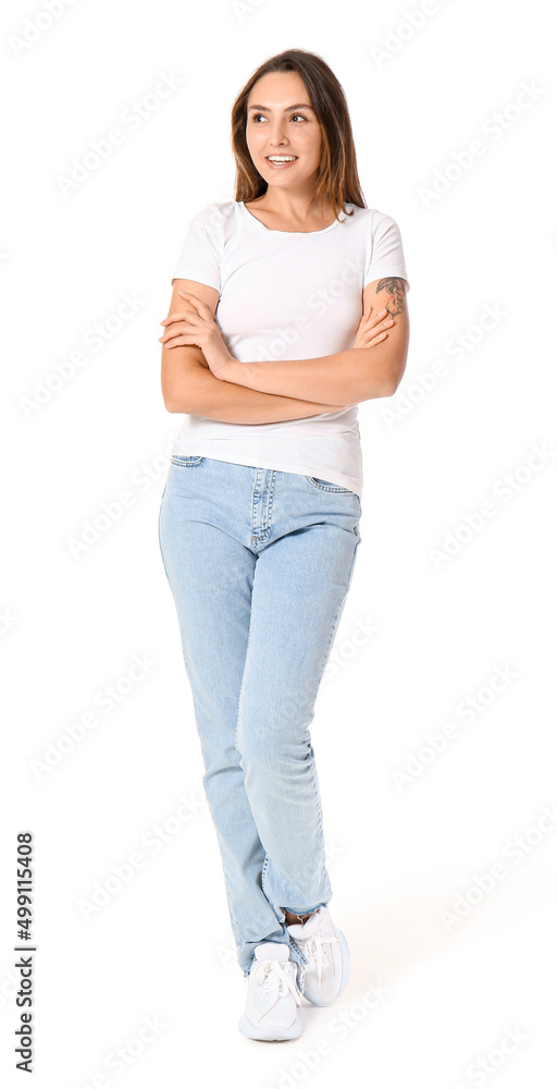 Young woman in blank t-shirt on white background