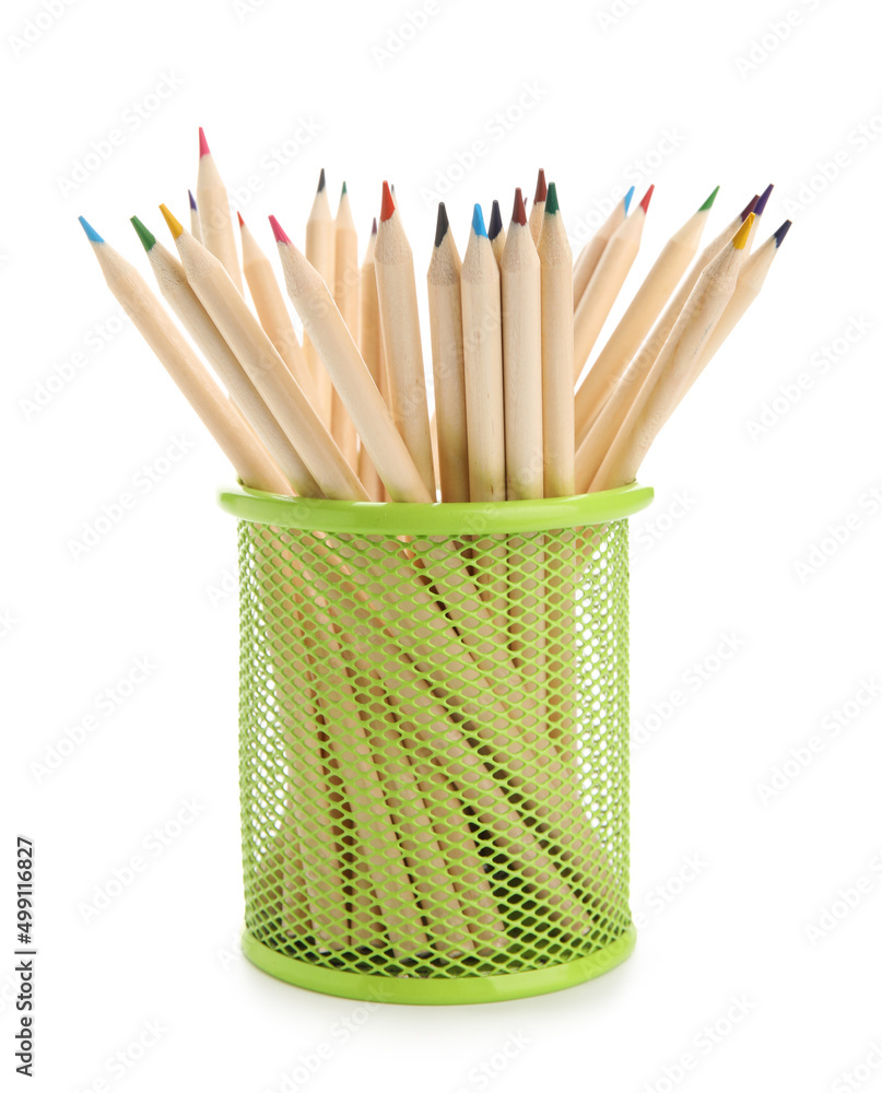 Holder with color pencils isolated on white background