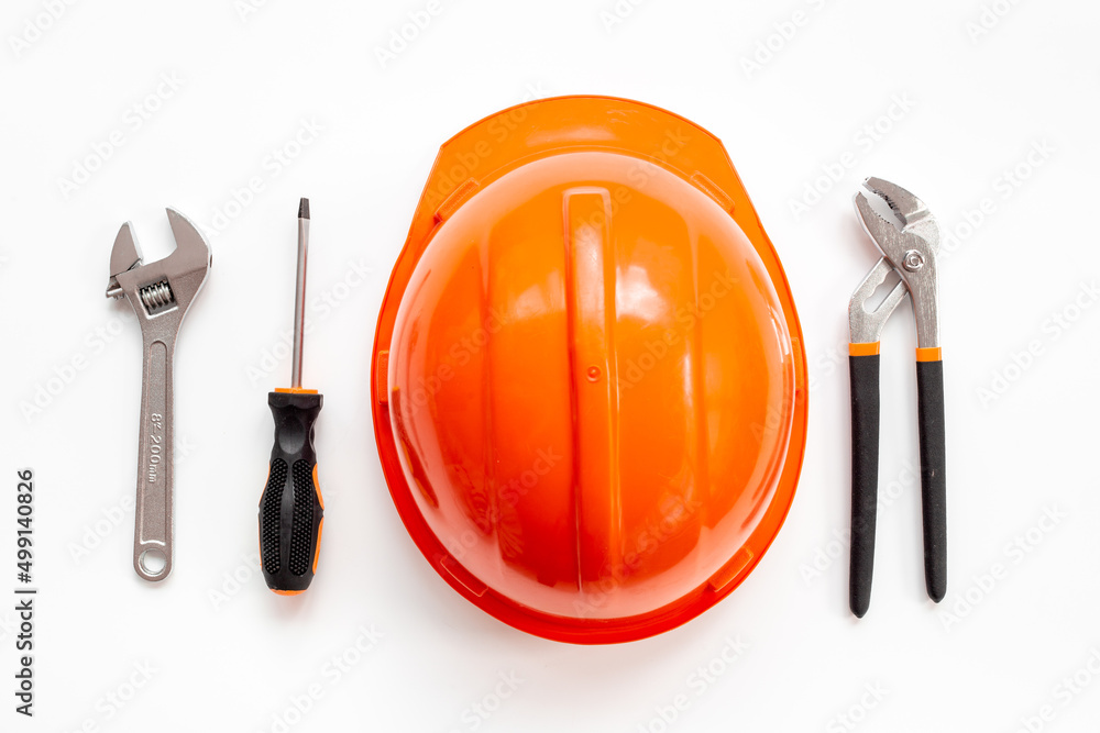 Engineer safety helmet with construction tools, top view