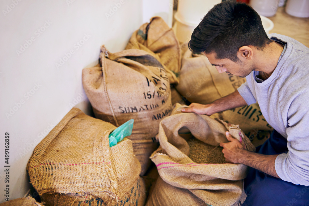 Preparing for the long export journey. Shot of a man looking at raw coffee beans.