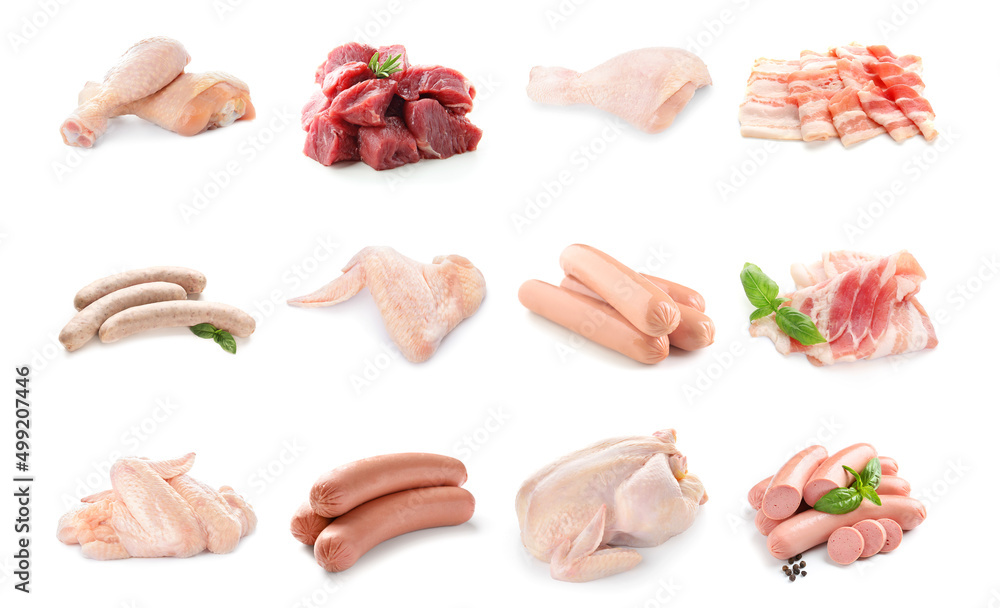 Set of different raw meat and sausages isolated on white