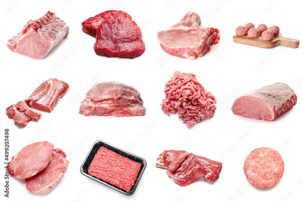 Set of different raw meat isolated on white