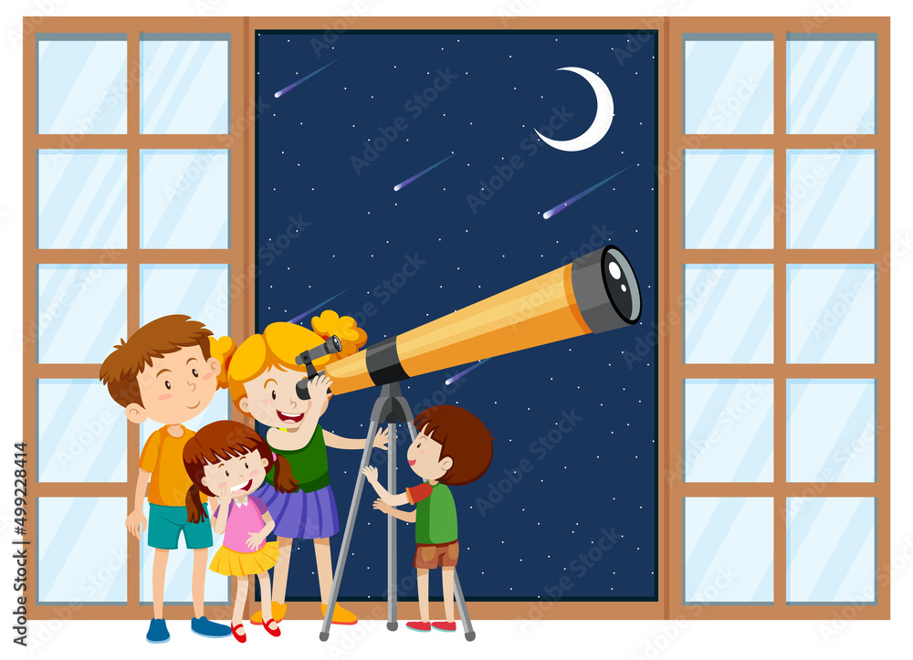 Kids observe night sky with telescope