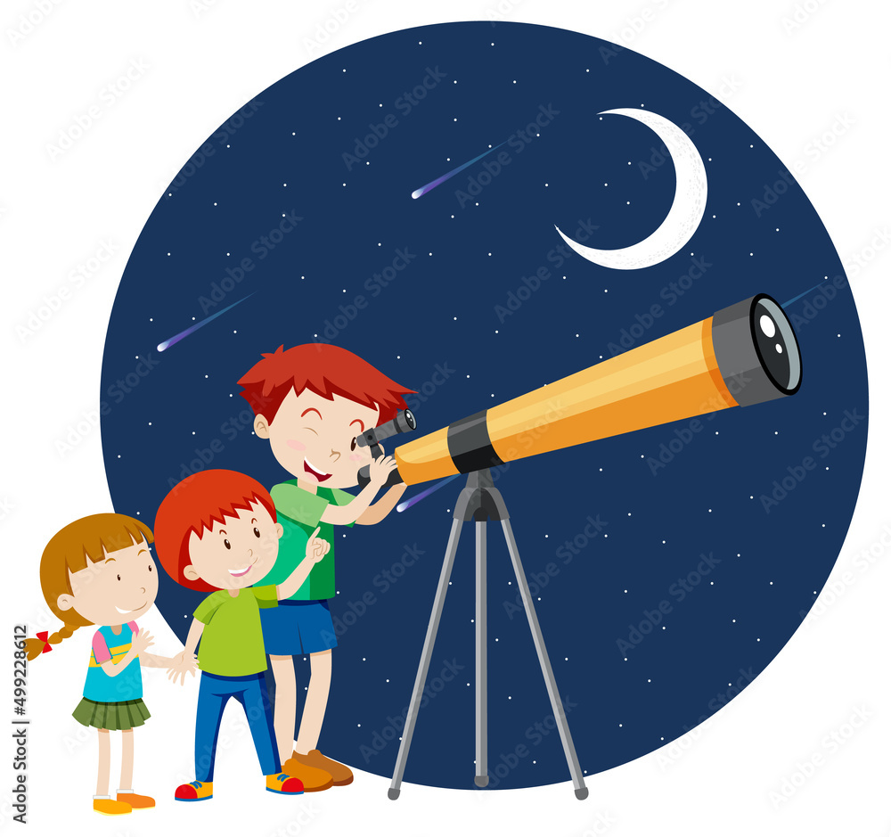 Kids looking through telescope at night