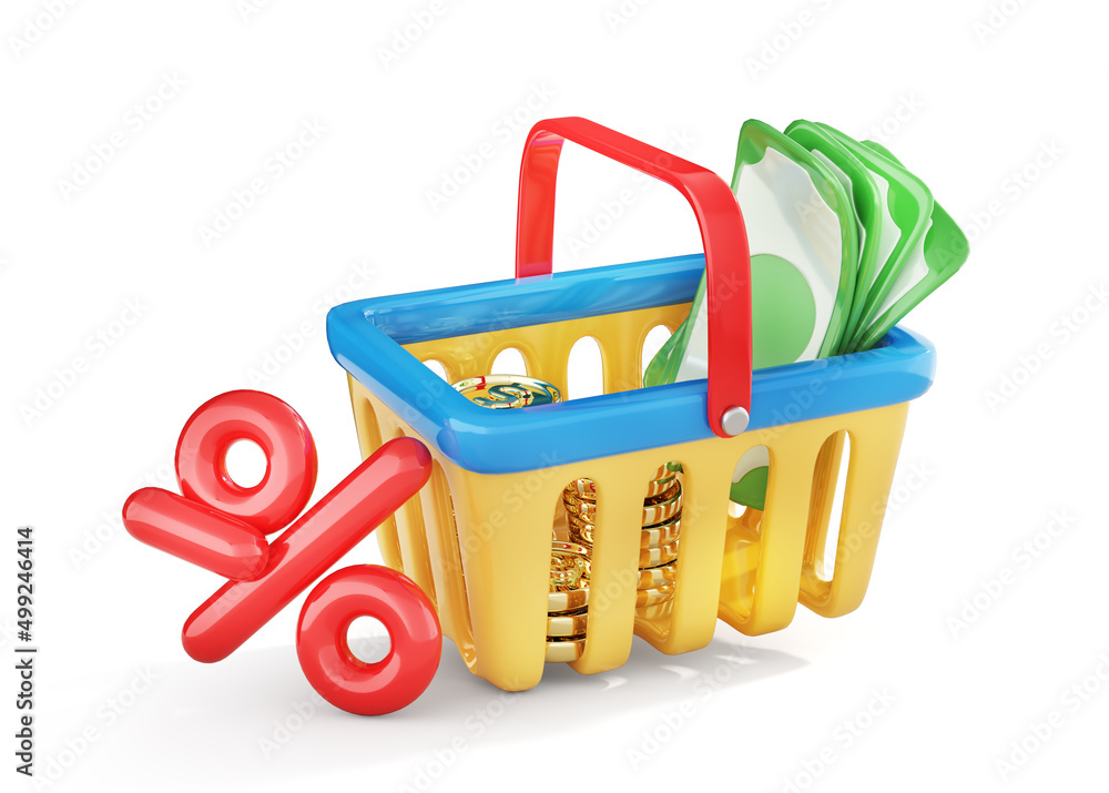  3d icon of shopping basket on a white background. 3d illustration