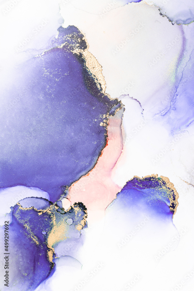 Purple gold abstract background of marble liquid ink art painting on paper . Image of original artwo