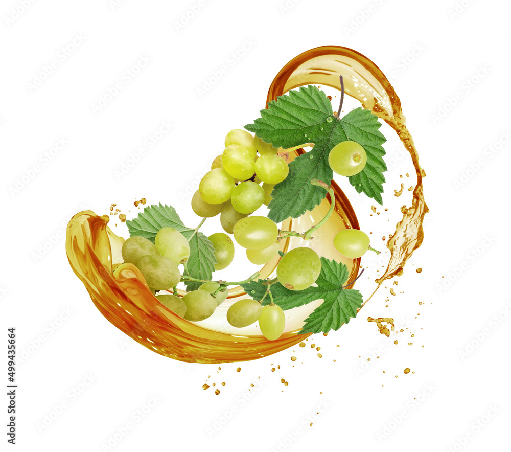 Branch of grapes in a splash of juice, isolated on a white background