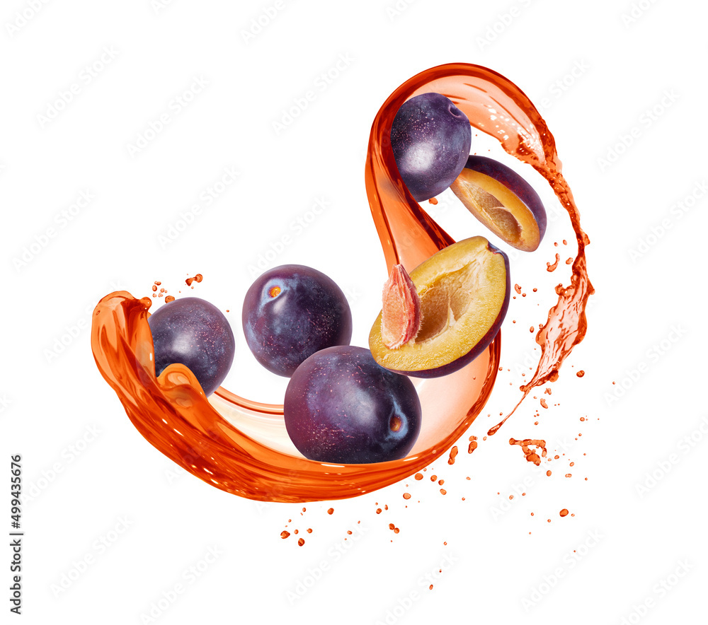 Ripe plums in splashes of juice isolated on a white background