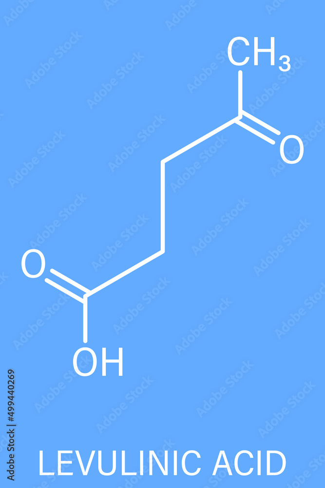 乙酰丙酸分子。由纤维素降解制成，纤维素是生物燃料的潜在前体。骨骼