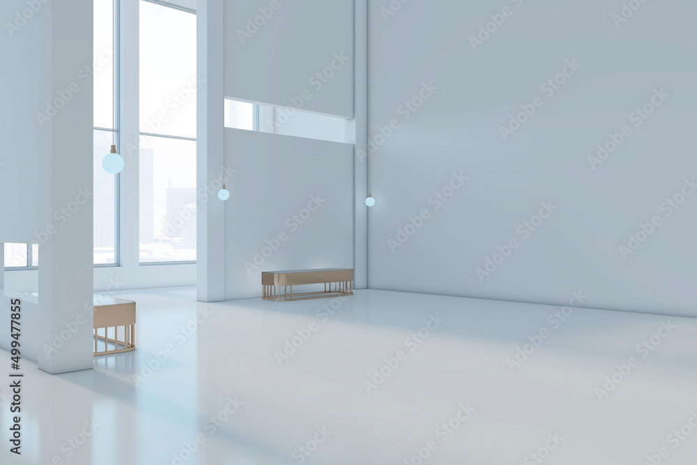 Modern white spacious gallery interior with empty mock up place, window, city view and daylight. 3D 