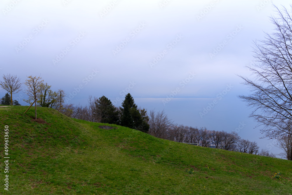 Aerial view of beautiful landscape with Lake Geneva in the background at Mont Pèlerin, Canton Vaud. 