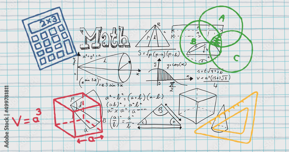 在学校笔记本上绘制数学方程的彩色图像