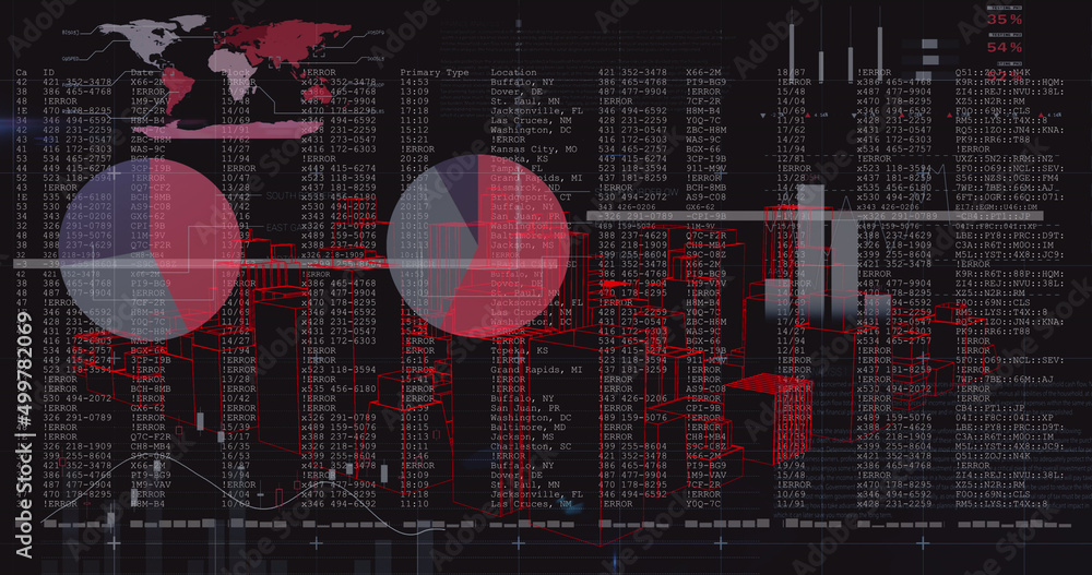 黑色背景下的数字城市景观和金融数据处理图像
