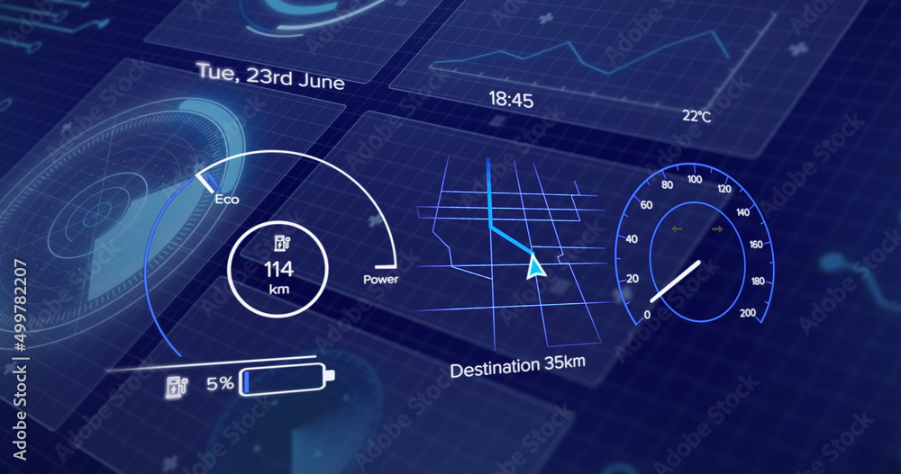 Image of car cockpit over data processing on blue background