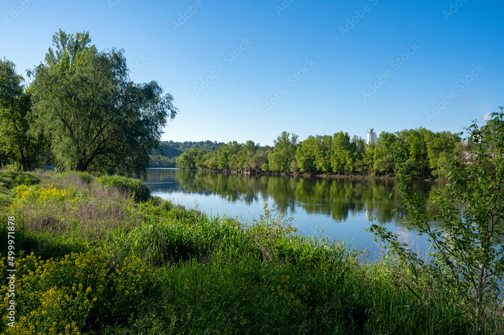 Berges du fleuve Saône autour de Fontaines-sur-Saône dans le département du Rhône au printemps