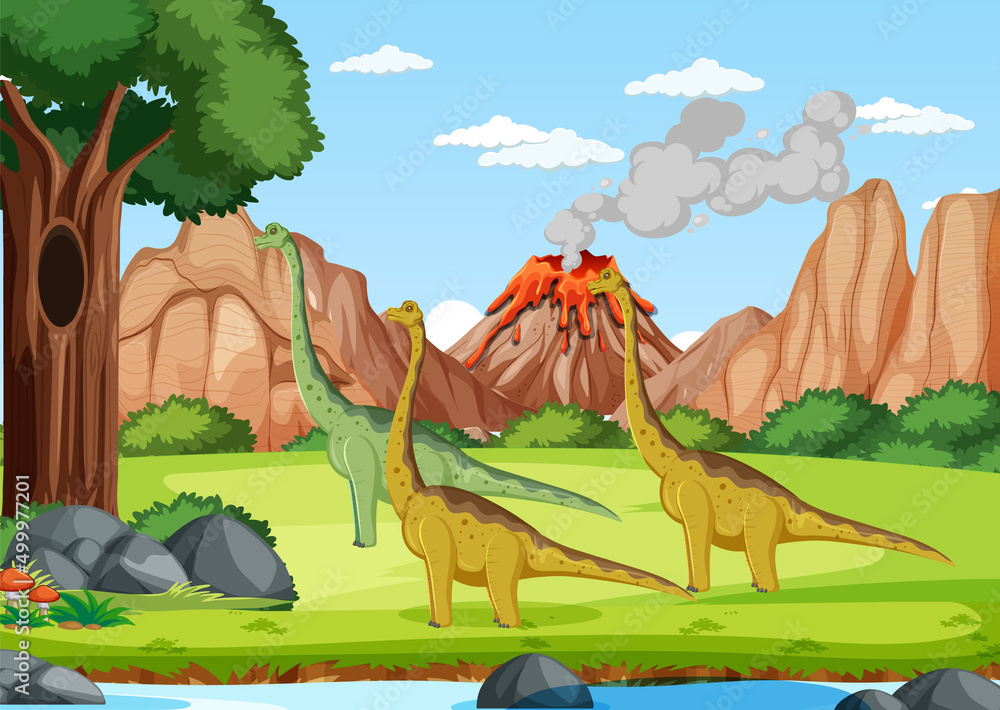 Scene with dinosaurs in the forest