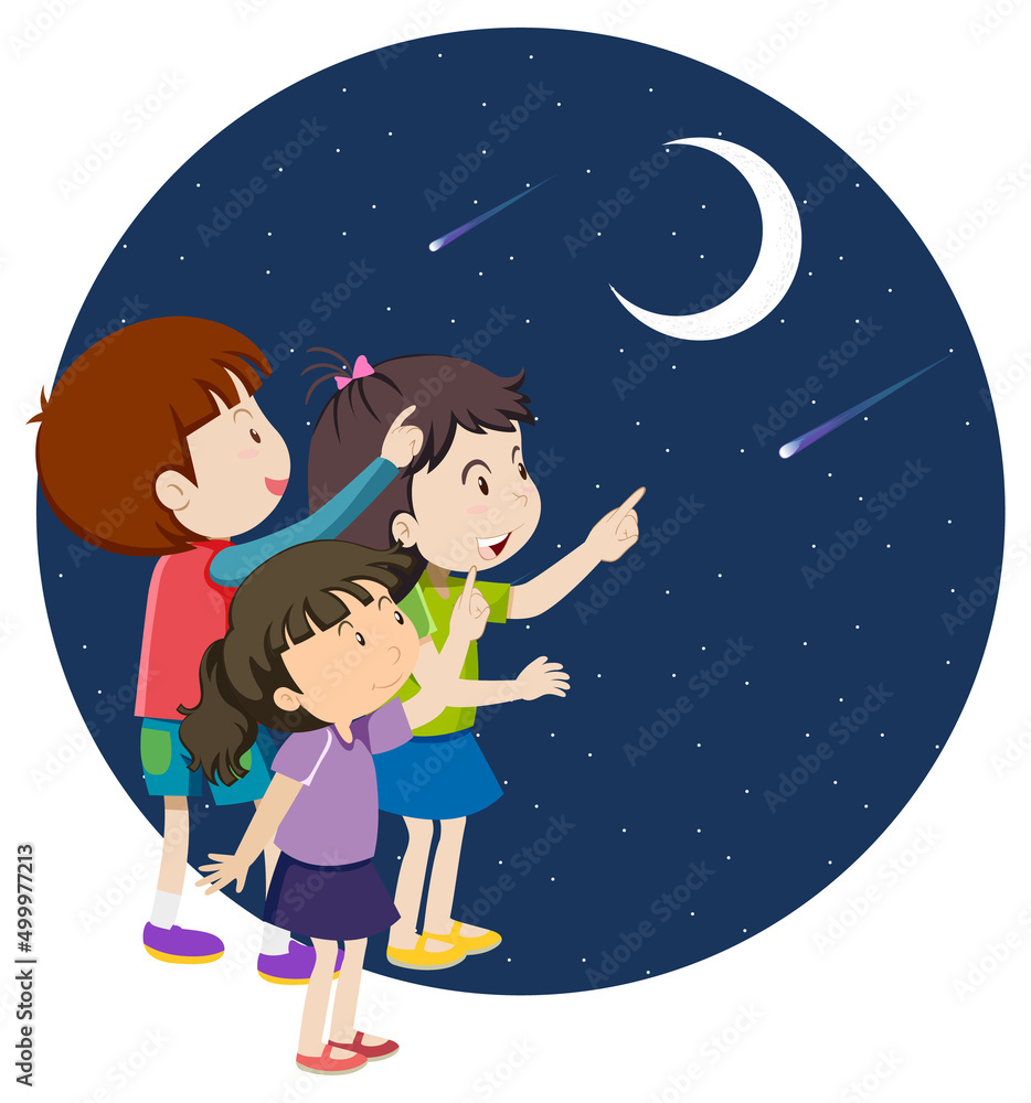 Cartoon kids pointing finger to the moon