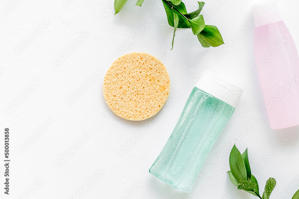 mycelial water, lotion and sponge for skin care and plant on white background flat lay space for tex