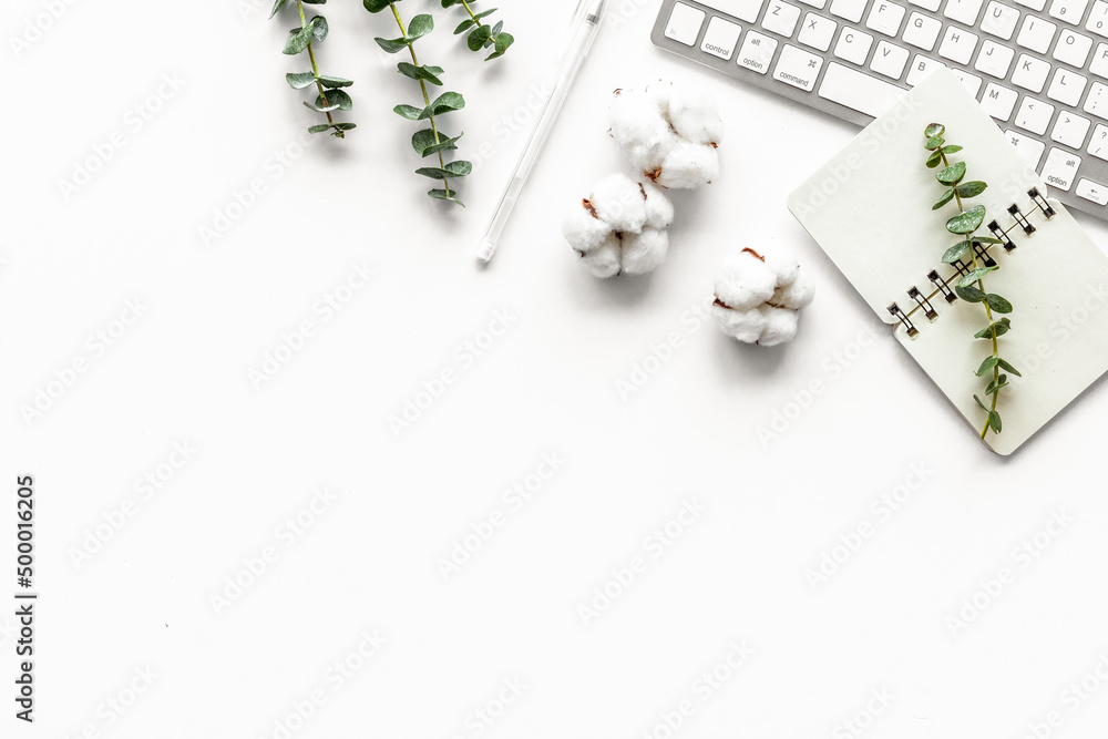 Laptop, cotton branch on white table flat lay copy space. Minimal freelancer home office desk worksp