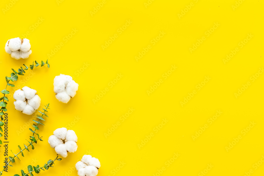 Flowers composition on yellow desk with fresh eucalyptus branches and cotton. Flat lay, top view, co