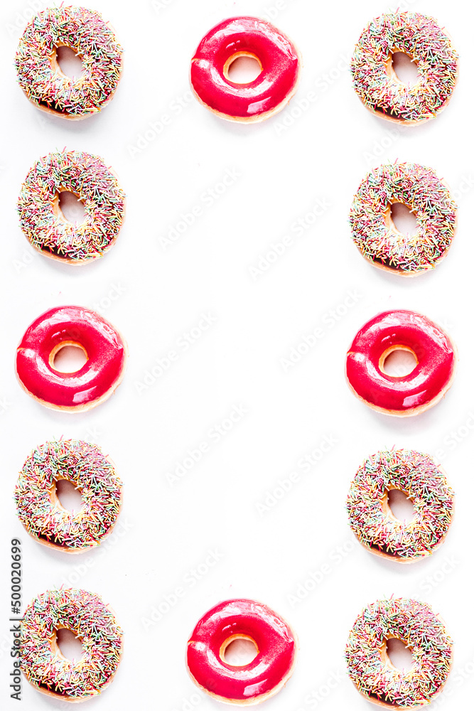 lunch with donuts frame on white table background top view mock up