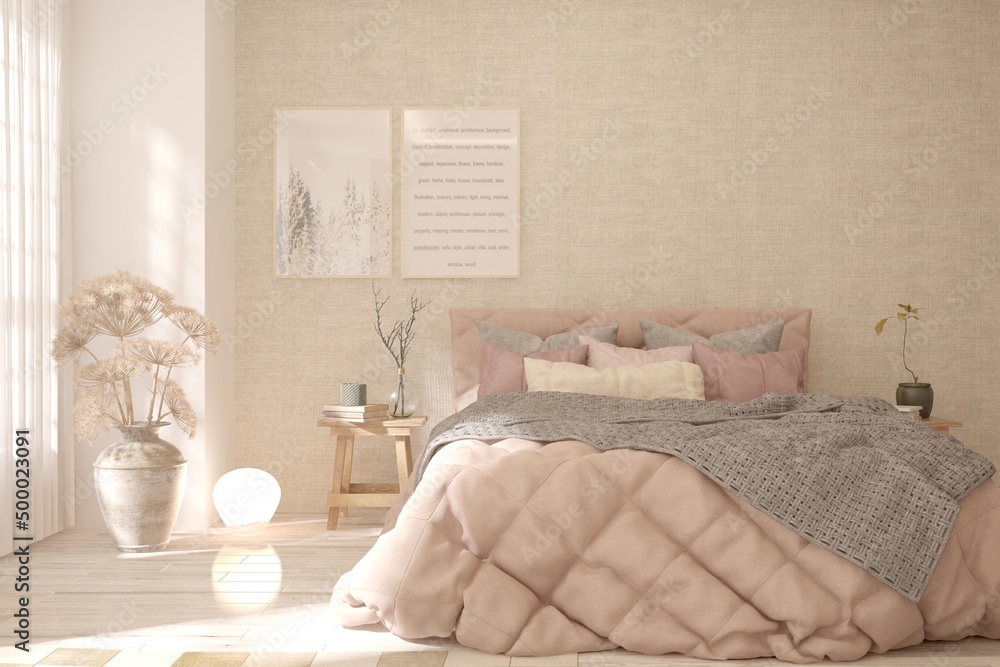 Pink bedroom interior. Scandinavian design. 3D illustration