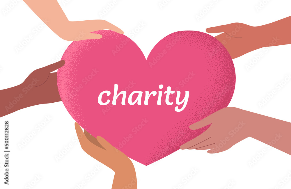 People support the big red heart of charity. Help, charity, support and love