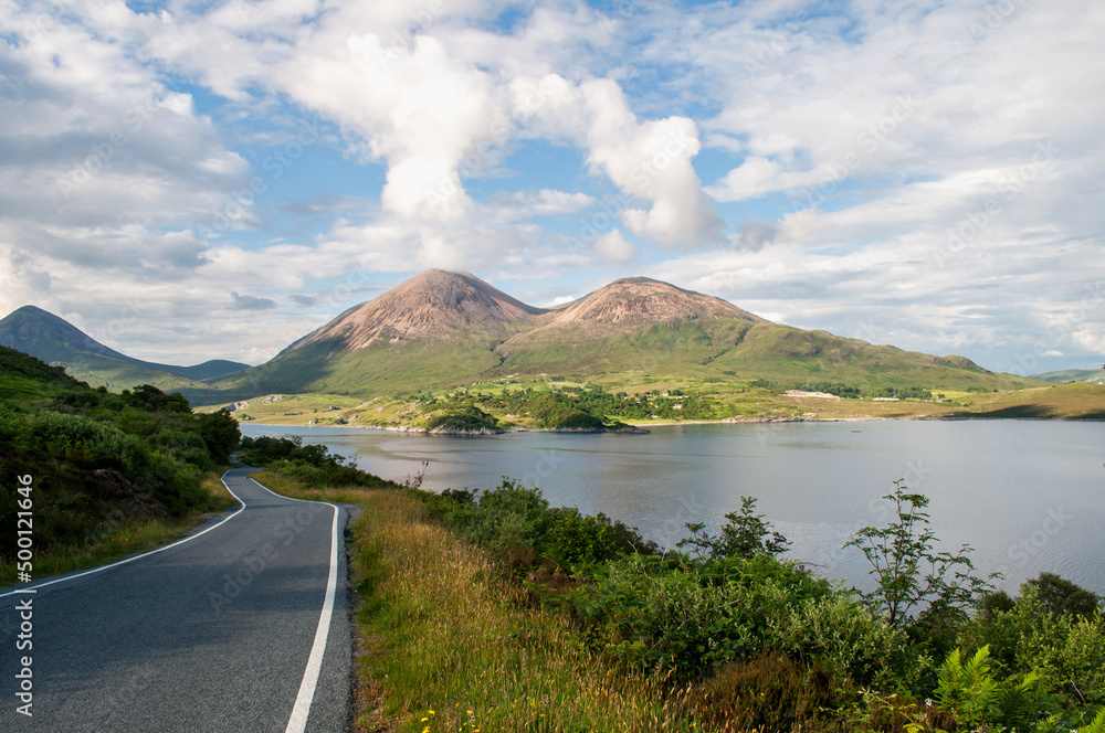 Roads and hills in the background on the Scottish island of Isle of Skye