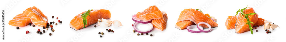 Set of raw salmon fillets with spices on white background