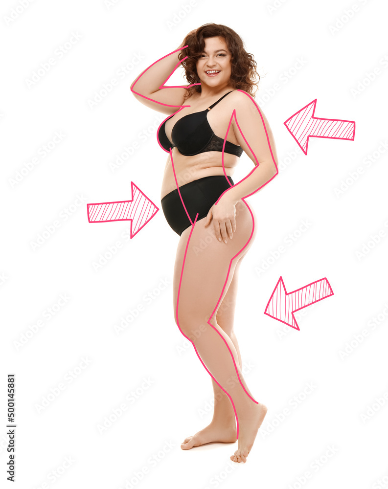 Overweight woman with outlines of slim shape isolated on white