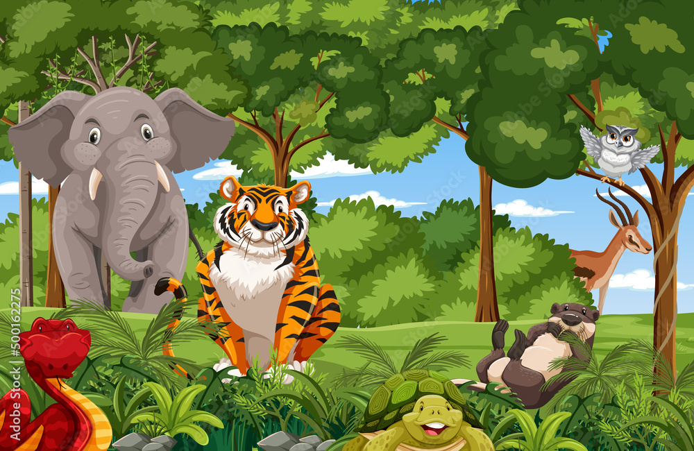 Wild animals in the forest scene