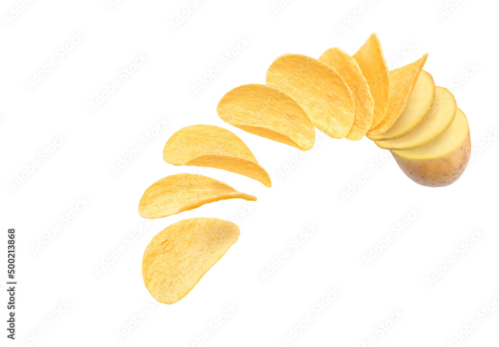 Flying potato chips, isolated on white background.