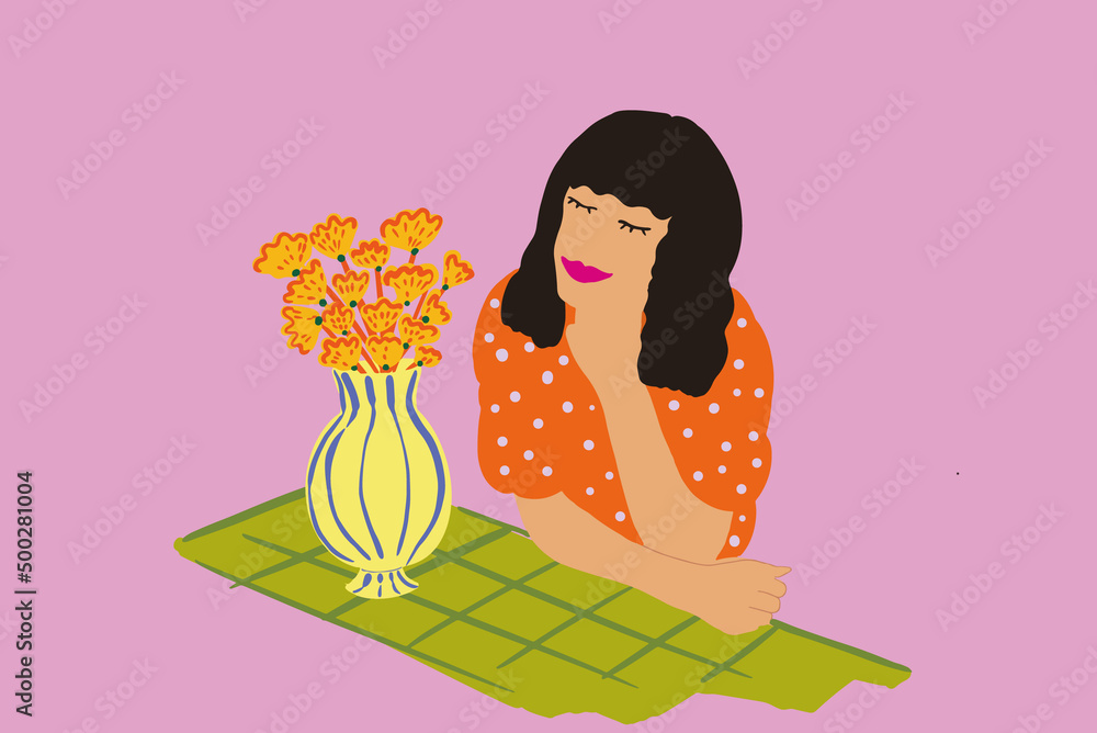 Portrait of a young stylish woman with flowers on table isolated on background. Vector illustration