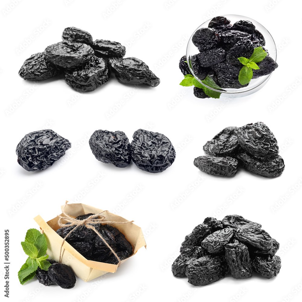 Set of tasty prunes on white background