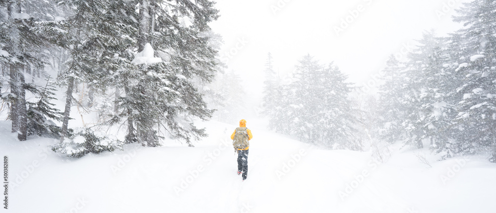 A lone hiker in a blizzard in the Japanese Alps