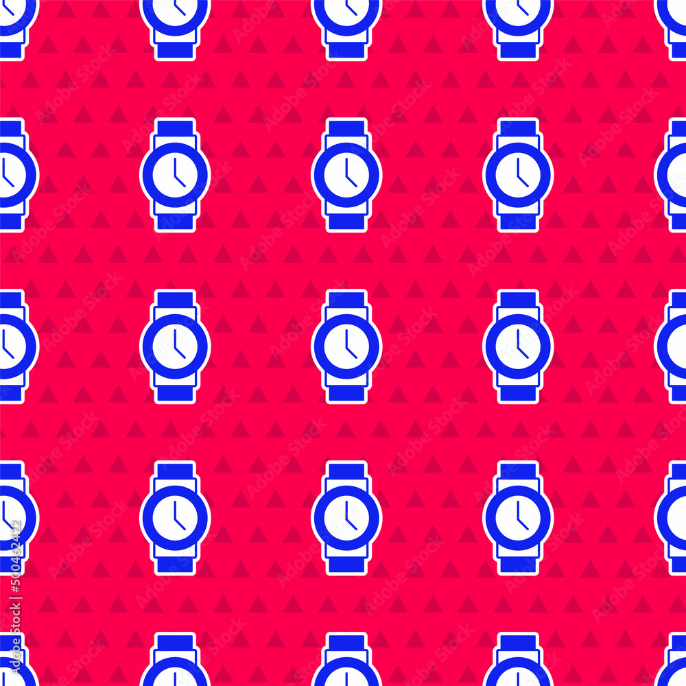 Blue Wrist watch icon isolated seamless pattern on red background. Wristwatch icon. Vector