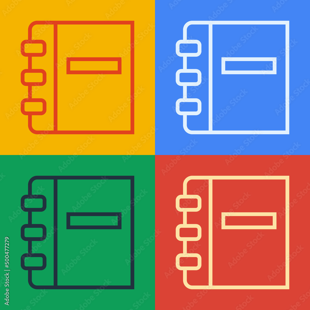 流行艺术线条笔记本图标隔离在彩色背景上。螺旋形笔记本图标。学校笔记本。书写