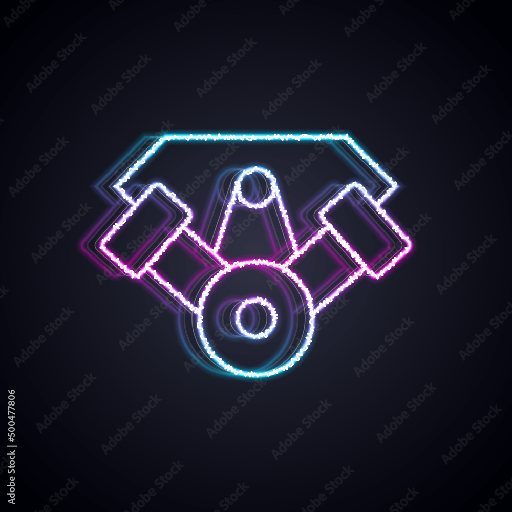 Glowing neon line Power car engine icon isolated on black background. Vector