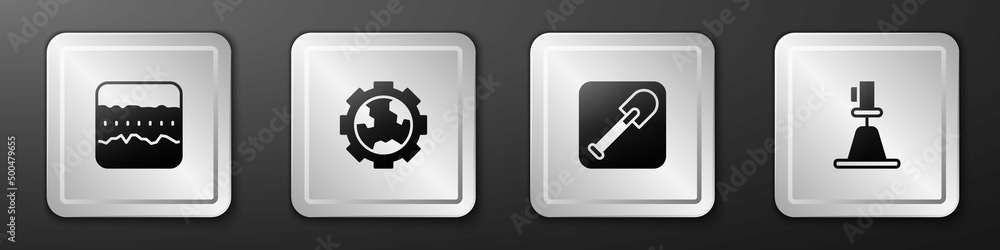 Set Soil ground layers, Gear wheels and earth, Shovel and Tacheometer, theodolite icon. Silver squar