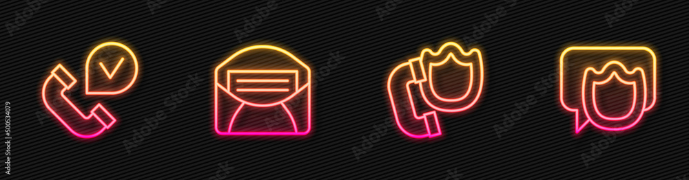 Set line Telephone handset with shield, Mail e-mail and Speech bubble chat. Glowing neon icon. Vecto